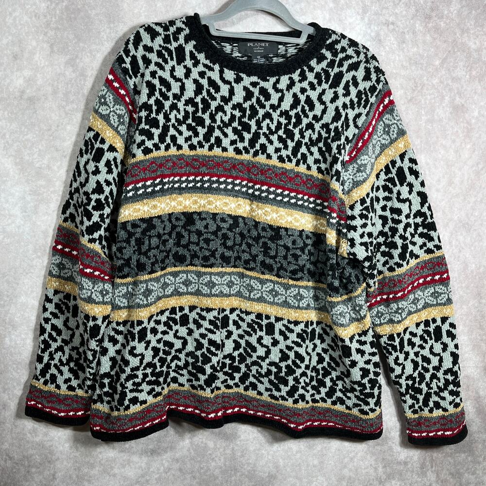 Planet Company Sweater Womens Size 3X Gray‎ Black Leopard Knit Cosby Coogi Like